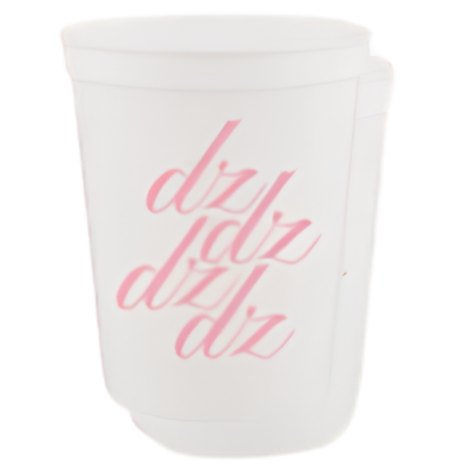 A white plastic cup featuring the word 'dz' repeated in pink cursive script on the front, set against a plain white background.