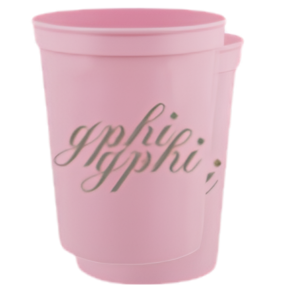 A light pink plastic cup with the word 'gphi' printed in a tan cursive font on the front, set against a plain white background.