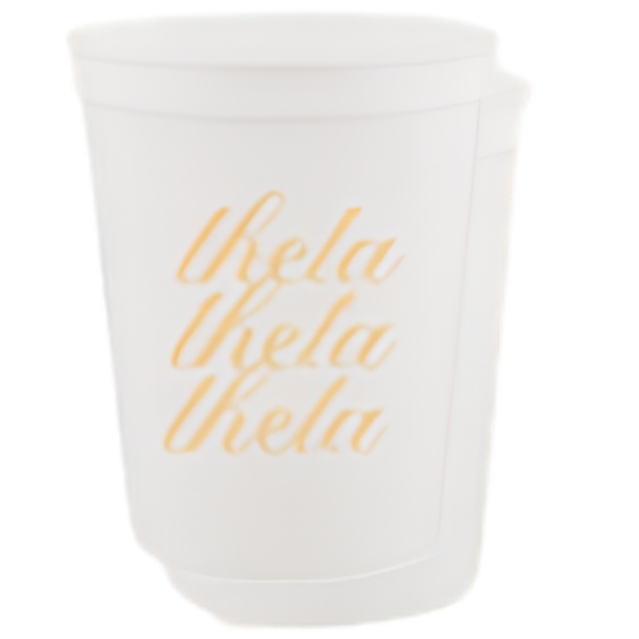 A white plastic cup with the word 'theta' printed three times in gold cursive script on the front, set against a plain white background.