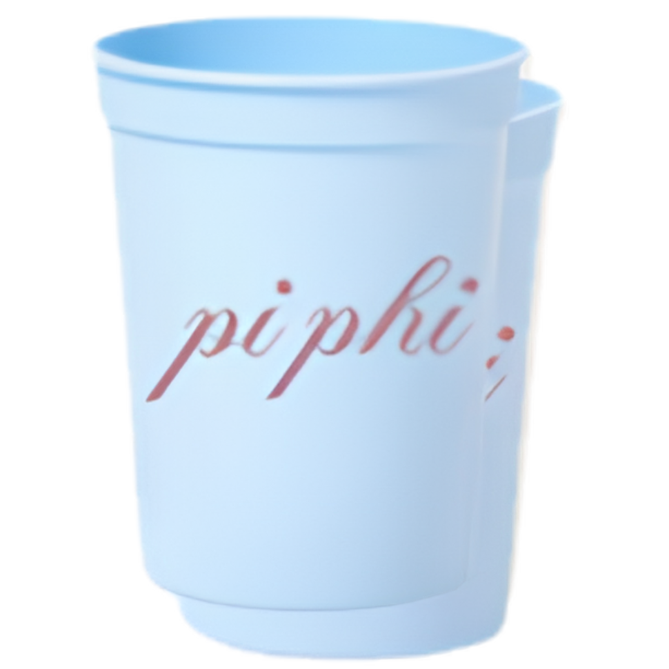 A light blue plastic cup featuring the word 'piphi' printed in a dusty rose script across the front, set against a plain white background.