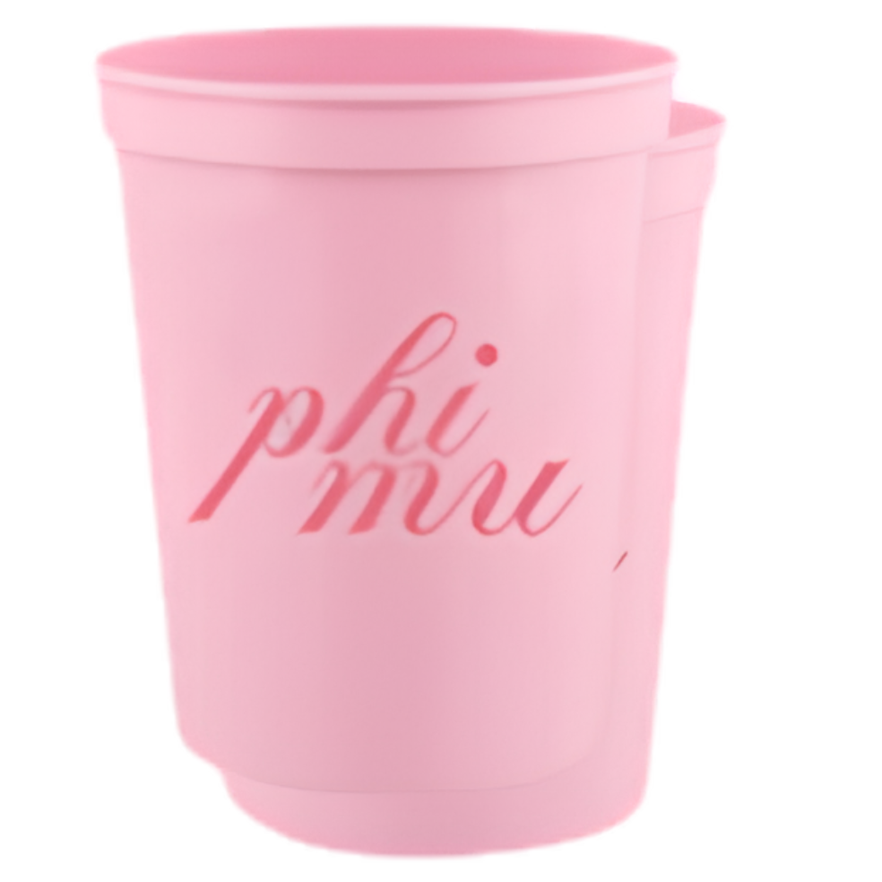 A pink plastic cup with the text 'phi mu' printed in a darker pink cursive font on the front, set against a plain white background.