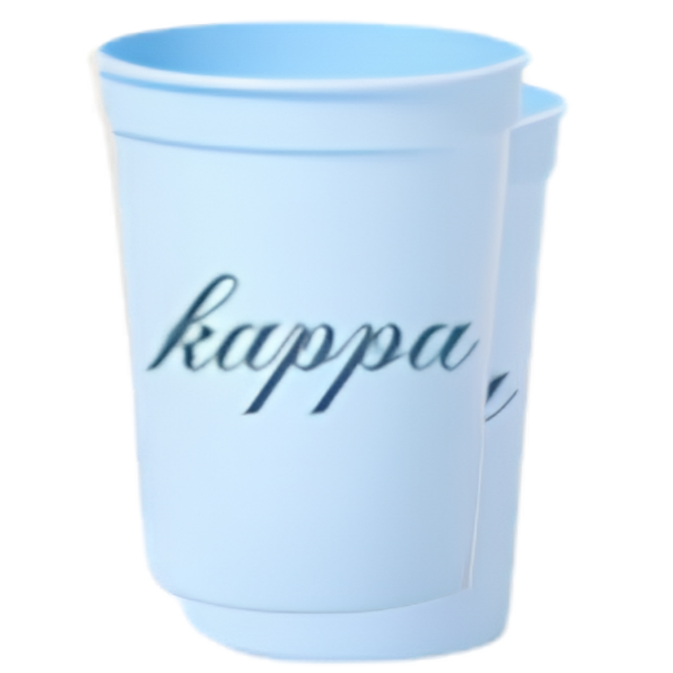 A light blue plastic cup with the word 'kappa' printed in dark blue cursive script on the front, shown against a plain white background.