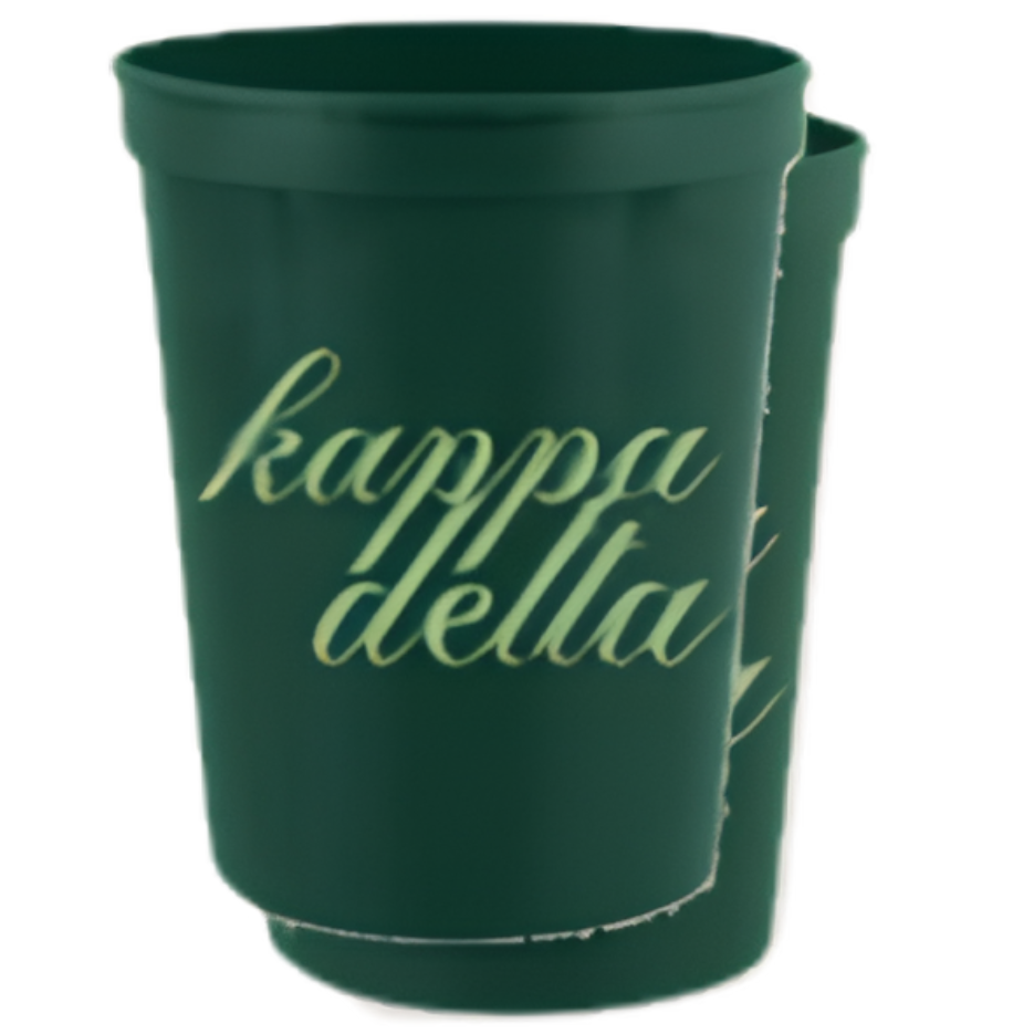 A dark green plastic cup with the words 'kappa delta' printed in a light green cursive font on the front, shown against a plain white background.