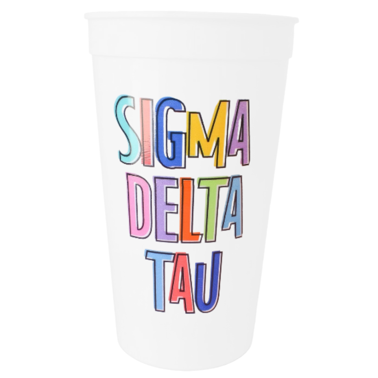 A white plastic cup featuring the Greek letters 'SIGMA DELTA TAU' printed vertically in a colorful, playful font with blue, pink, yellow, and purple outlines.