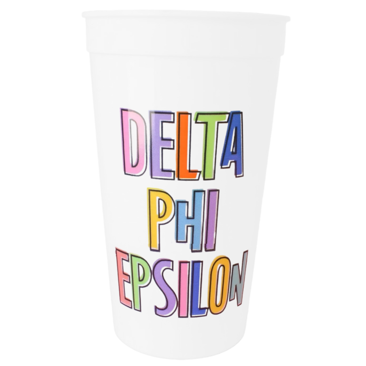 A white plastic cup featuring the Greek lettering 'DELTA PHI EPSILON' in a colorful, hand-drawn style font, isolated on a white background.