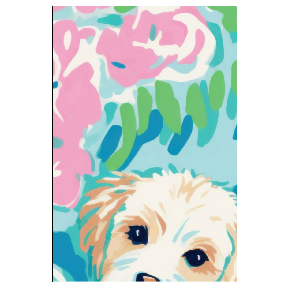 A rectangular journal featuring a stylized illustration of a fluffy cream-colored dog's face peeking up from a colorful floral background with pink, green, and light blue shapes.