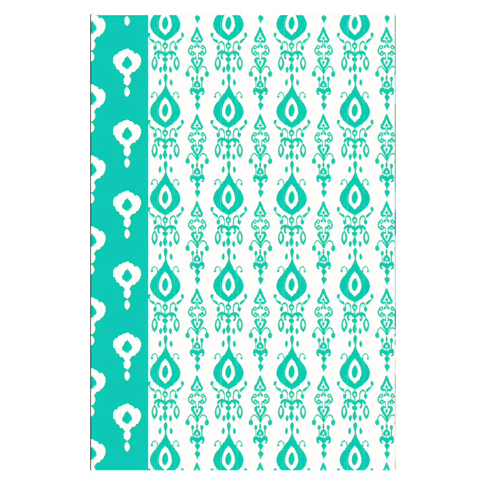 A rectangular journal with a patterned cover featuring a vertical split design: one side in solid turquoise with white motifs, and the other in white with turquoise damask-style patterns.