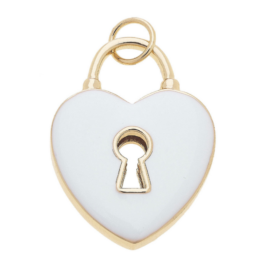A heart-shaped pendant charm with a white enamel center, gold-toned metal border, keyhole cutout, and top hanging loop, shown on a plain white background.