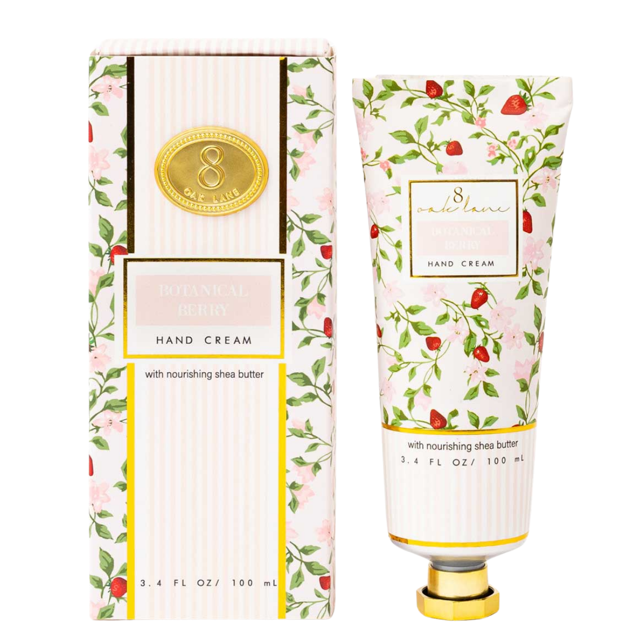 A tube and box of S'celebrate Botanical Berry Hand Cream, featuring a white and pink striped design with a red berry and green leaf pattern, and a gold cap.