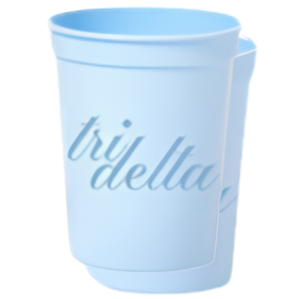 A light blue plastic cup featuring the text 'tri delta' printed in a matching light blue cursive font on the front, set against a plain white background.