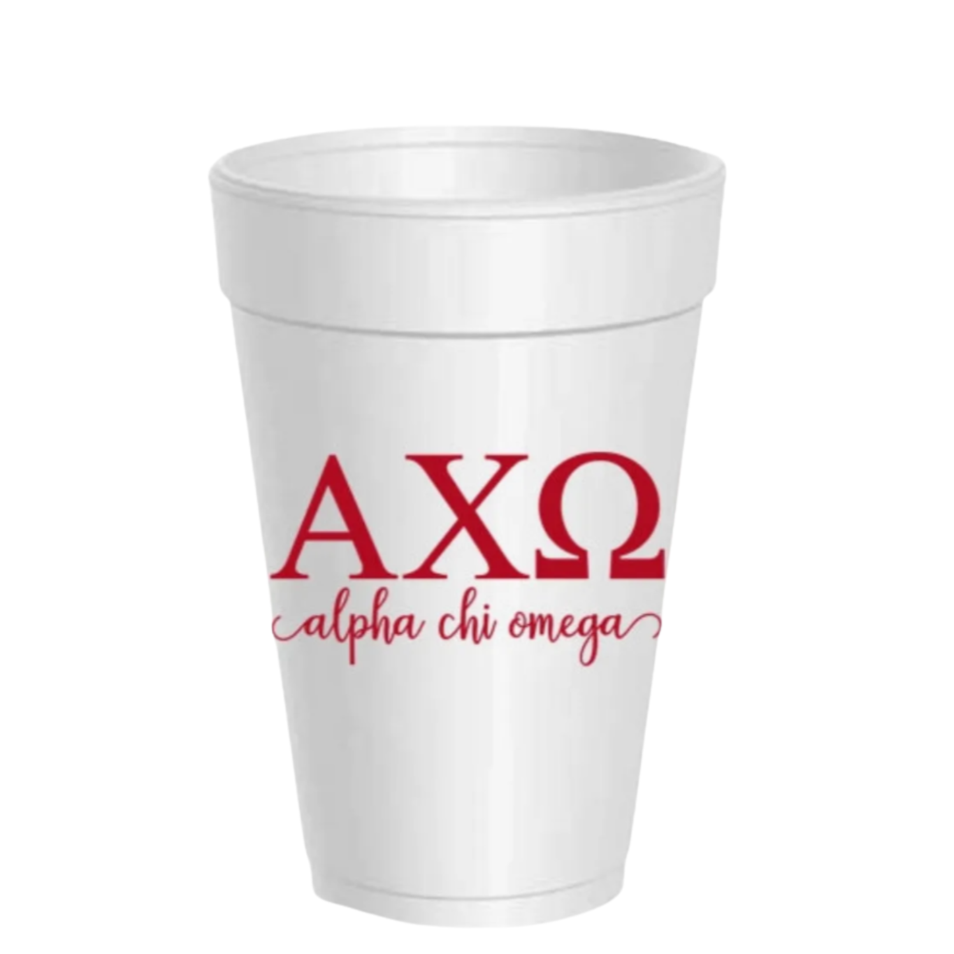 A white styrofoam cup featuring the Greek letters Alpha Chi Omega in red on the front, set against a plain white background.