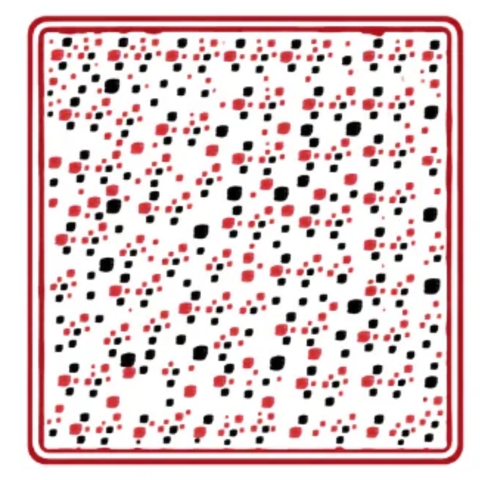 A square product with a white background and a dense pattern of small red and black dots, framed by a red border, centered on a plain white background.