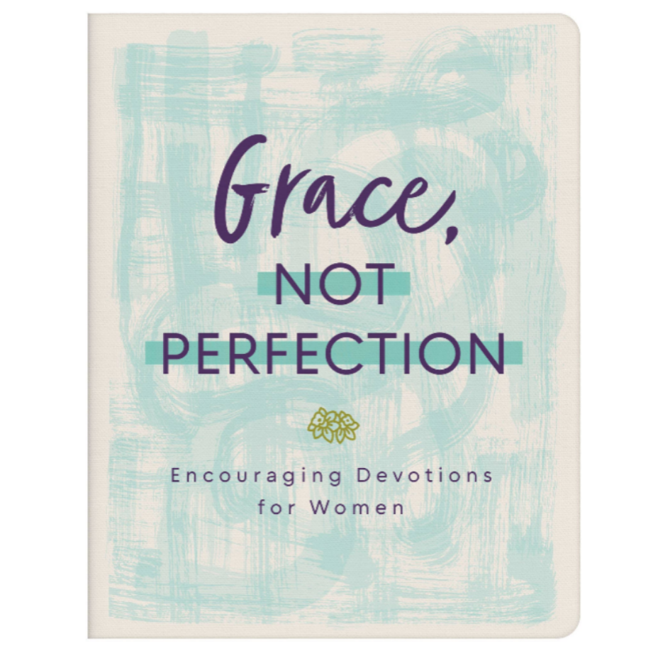 A single book or devotional booklet titled "Grace, NOT Perfection" with the subtitle "Encouraging Devotions for Women," shown on a plain white background. The cover has a light aqua painted texture over an off-white base, with purple and dark teal text and a small green floral motif.