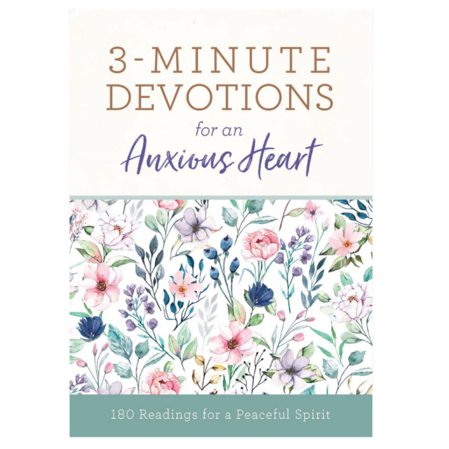 A book cover for '3-Minute Devotions for an Anxious Heart' featuring a cream background, brown and purple text, and a watercolor floral pattern band across the middle. The bottom reads '180 Readings for a Peaceful Spirit.
