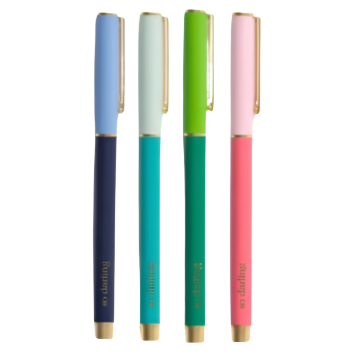 Four slim retractable pens in different colors (light blue, pale mint, lime green, and pink) with gold accents and the brand name 'so. darling' printed near the bottom, set against a plain white background.