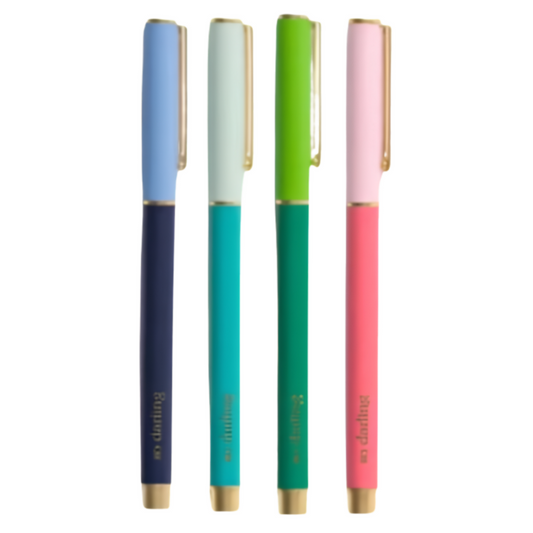 Four slim retractable pens in different colors (light blue, pale mint, lime green, and pink) with gold accents and the brand name 'so. darling' printed near the bottom, set against a plain white background.