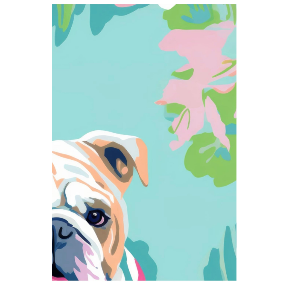 A stylized pop-art print featuring a bulldog's face on the left side against a light blue background with pink and green abstract floral shapes.