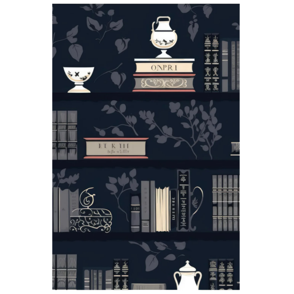 A vertical journal featuring a repeating bookshelf pattern in dark navy, cream, and muted red, with illustrated books, shelves, floral motifs, and decorative objects.