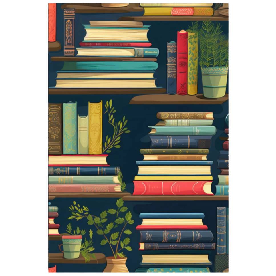 A vertical rectangular print or book cover featuring an illustrated bookshelf filled with stacked books and small potted plants, shown against a plain white background.