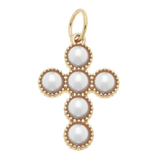 A gold cross pendant featuring five white pearl-like beads set in a beaded gold border, with a gold bail at the top, shown on a plain white background.
