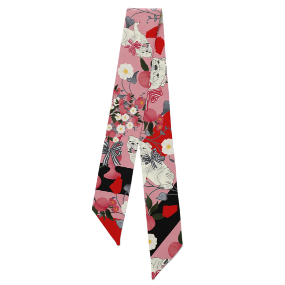 A TWILLY featuring a vibrant floral and ENGLISH BULLDOG pattern in shades of pink, red, black, and white, displayed against a solid white background.