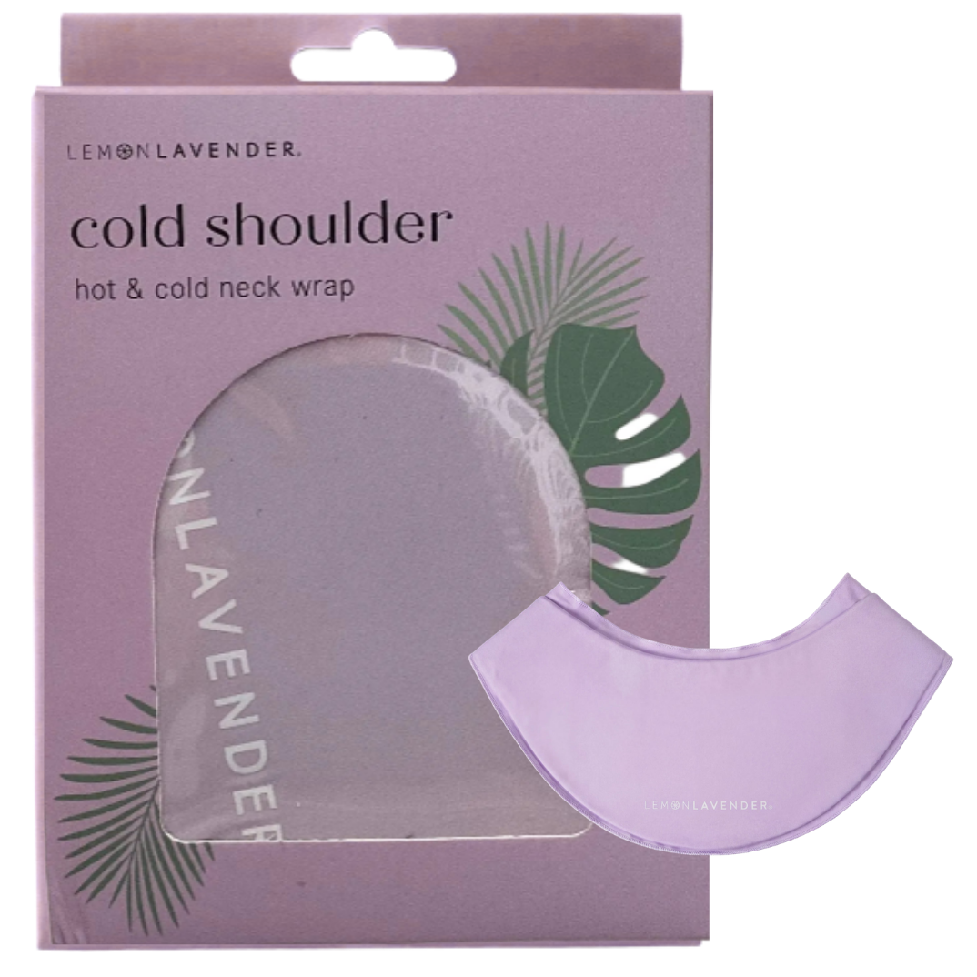 A lavender cold shoulder neck wrap shown next to its retail packaging box. The box is light purple with green palm leaf graphics and the text 'cold shoulder' and 'LEMON LAVENDER.