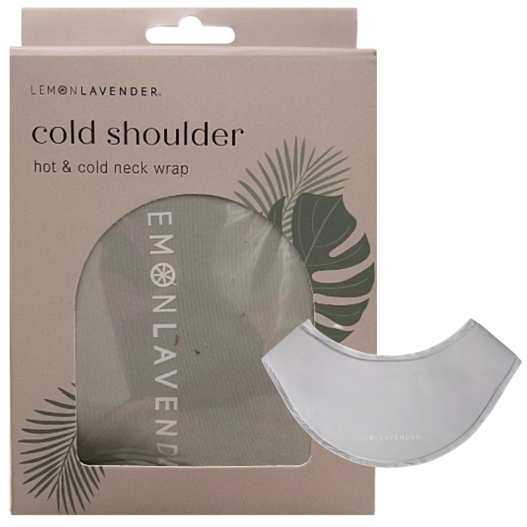 A packaged neck wrap shown on a white background, with the box reading 'LEMON LAVENDER cold shoulder hot & cold neck wrap' and a pale gray wrap displayed beside it.