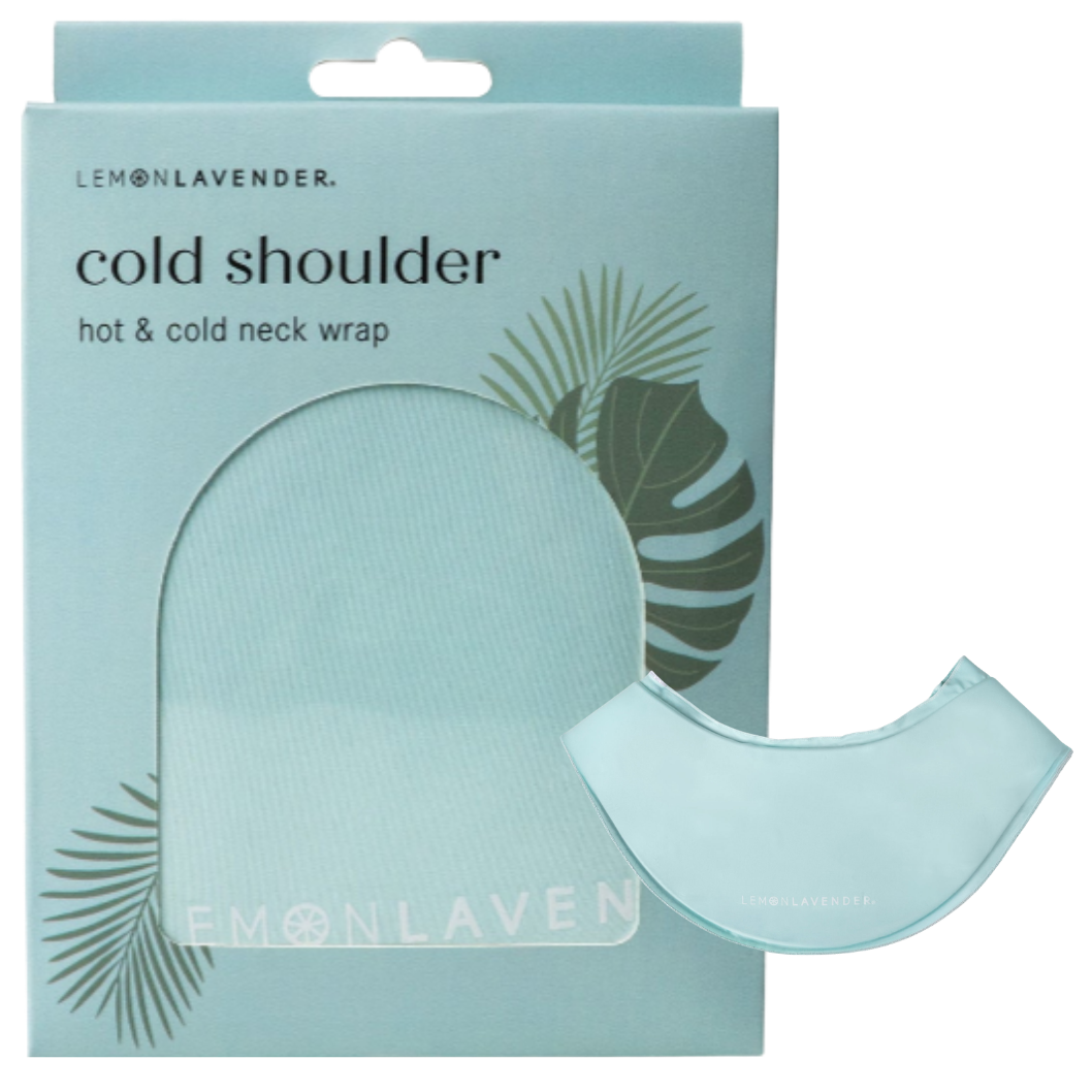 A light blue neck wrap product shown in its retail box, with the wrap itself partially pulled out from the front. The packaging reads 'LEMONLAVENDER cold shoulder hot & cold neck wrap' and includes tropical leaf graphics on a white background.