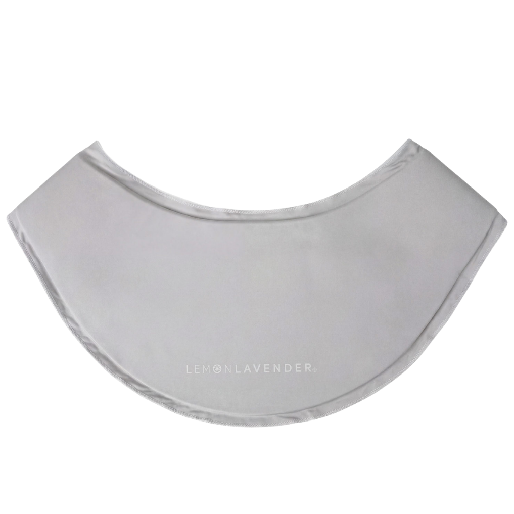 A light gray fabric neck wrap with a curved bottom edge and a small printed brand name 'LECHILAVENDER' near the center, shown on a plain white background.