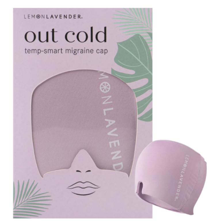 Lemonlavender Out Cold temp-smart migraine cap in lavender, shown next to its retail packaging box on a plain white background.