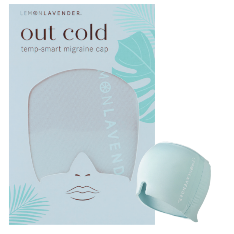 Lemon Lavender 'out cold' temp-smart migraine cap shown next to its light blue and white packaging box on a plain white background.