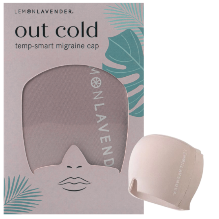 Lemonlavender 'out cold' temp-smart migraine cap shown next to its packaging box on a plain white background.
