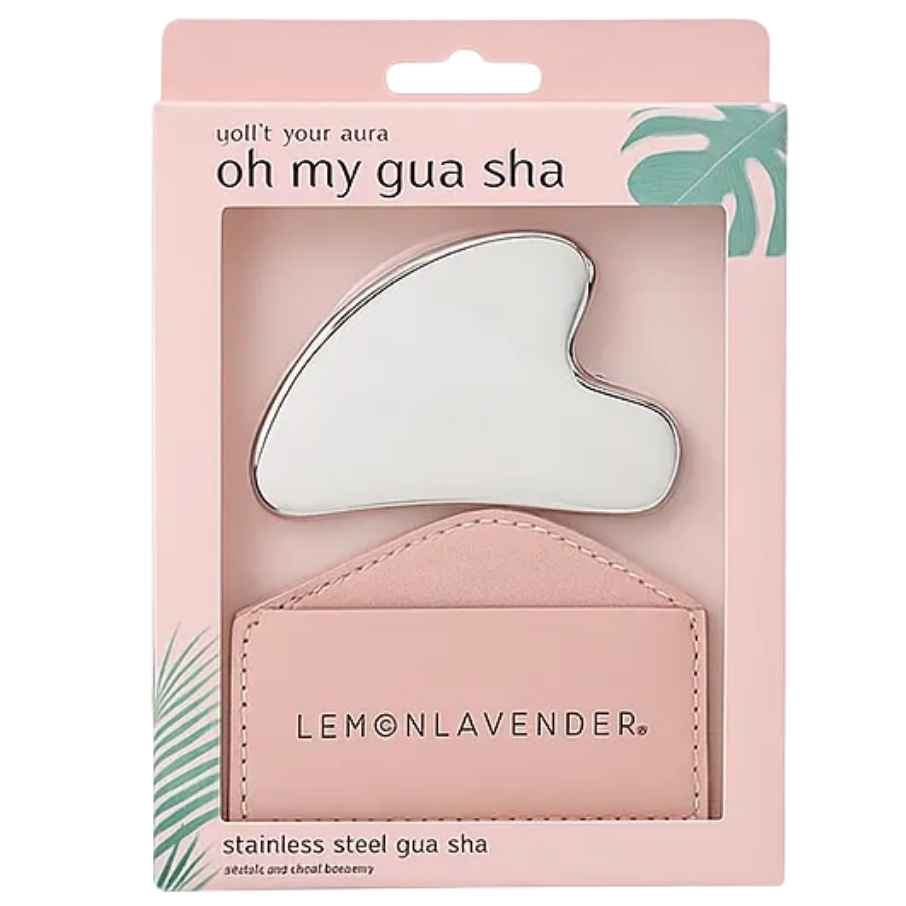 Lemon Lavender stainless steel gua sha set in its original pink packaging, featuring a white steel gua sha tool and a pink leather pouch.