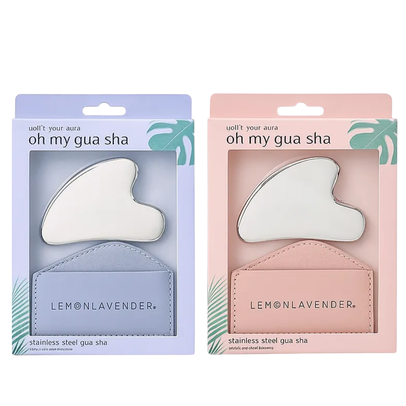Two boxed gua sha sets on a white background, one in light blue and one in light pink. Each package contains a stainless steel gua sha tool and a small leather pouch branded LEMONLAVENDER.