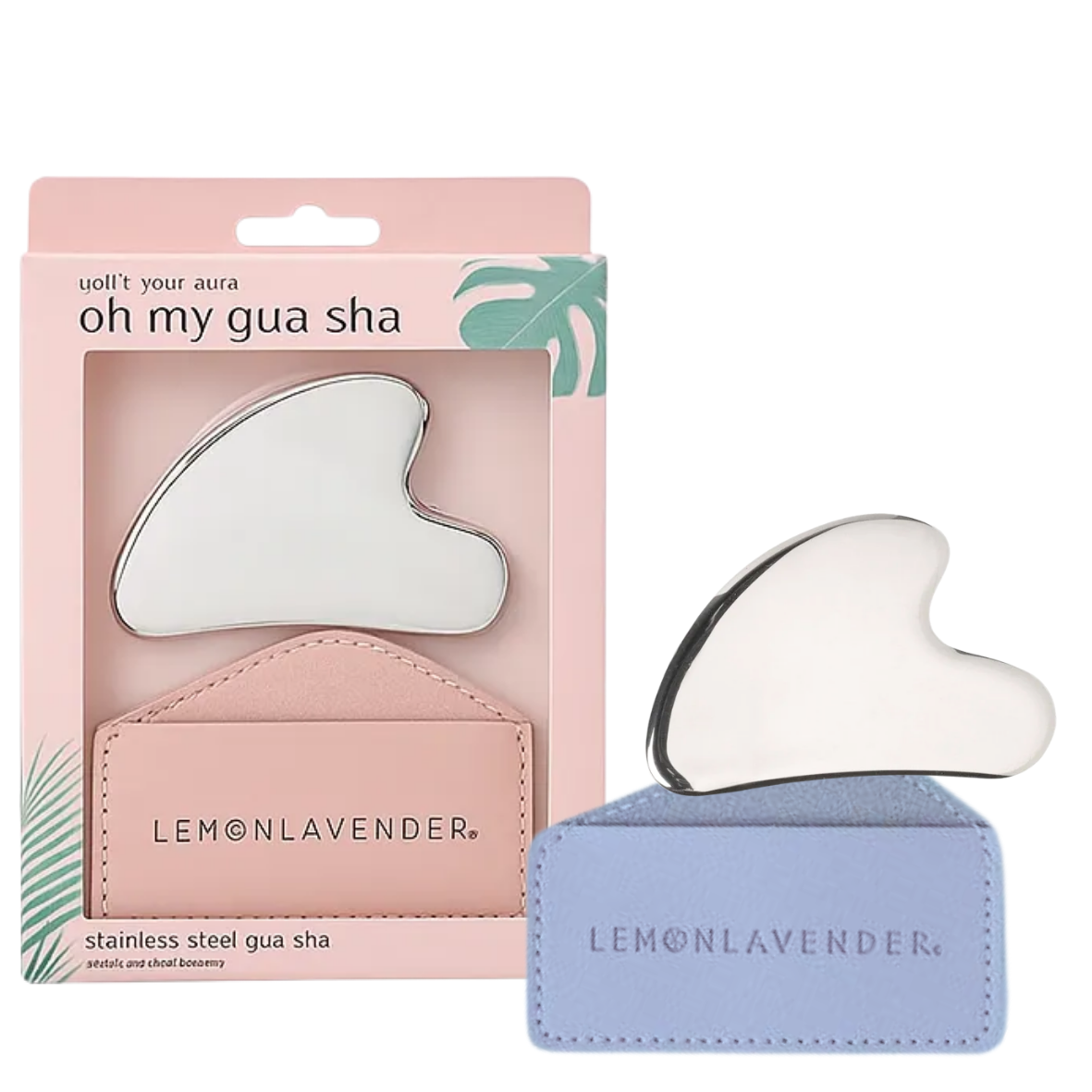 Lemon Lavender stainless steel gua sha set shown with its pink retail packaging and two color variants: a silver version in a white pouch and a light blue version in a lavender pouch.