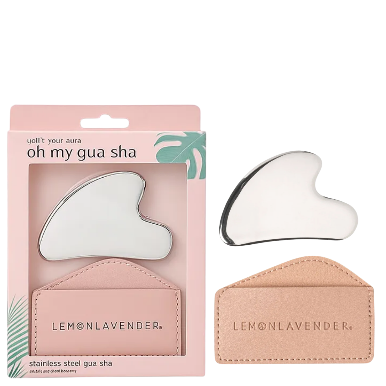 Lemon Lavender stainless steel gua sha set, featuring a pink retail box on the left and two gua sha tools on the right (one silver mirrored and one natural steel), on a white background.