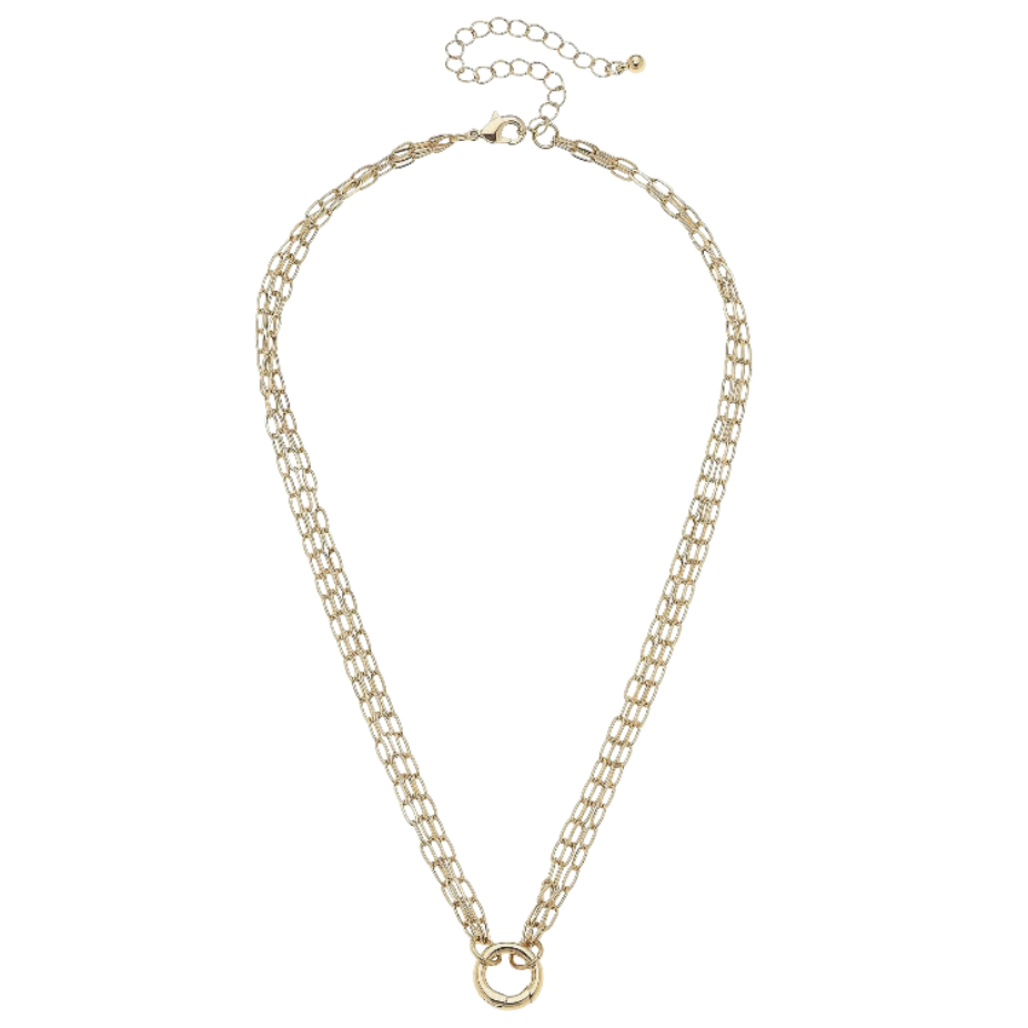 A delicate gold chain necklace with a small circular ring pendant, displayed on a clean white background.