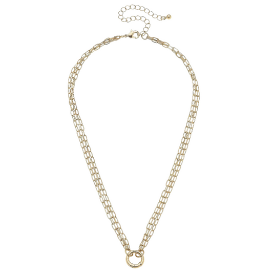 A delicate gold chain necklace with a small circular ring pendant, displayed on a clean white background.