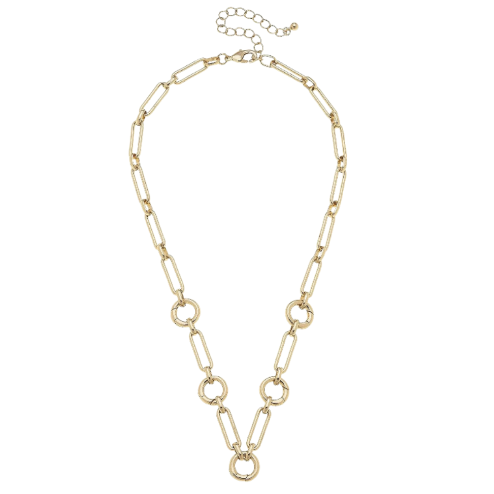 A gold-toned link necklace featuring elongated oval links, circular ring links, and a delicate extender chain with a lobster clasp, displayed on a solid white background.