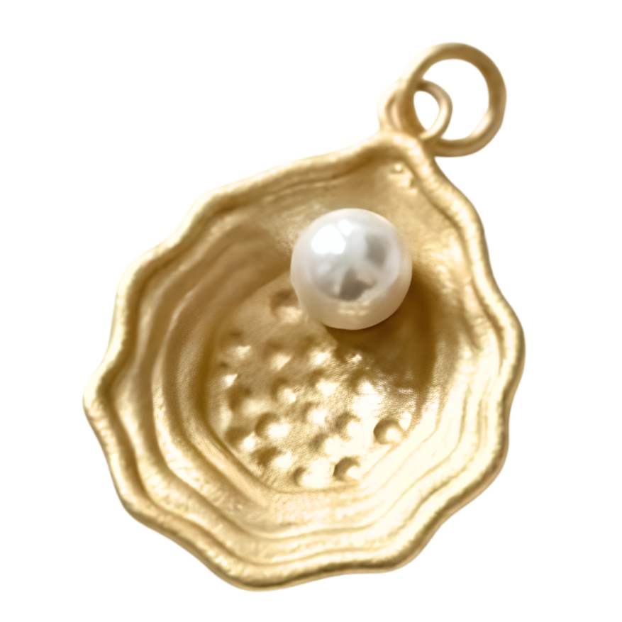 A gold oyster shell pendant charm featuring a textured interior and a small white pearl nestled inside, complete with a gold hanging loop at the top, shown on a plain white background.