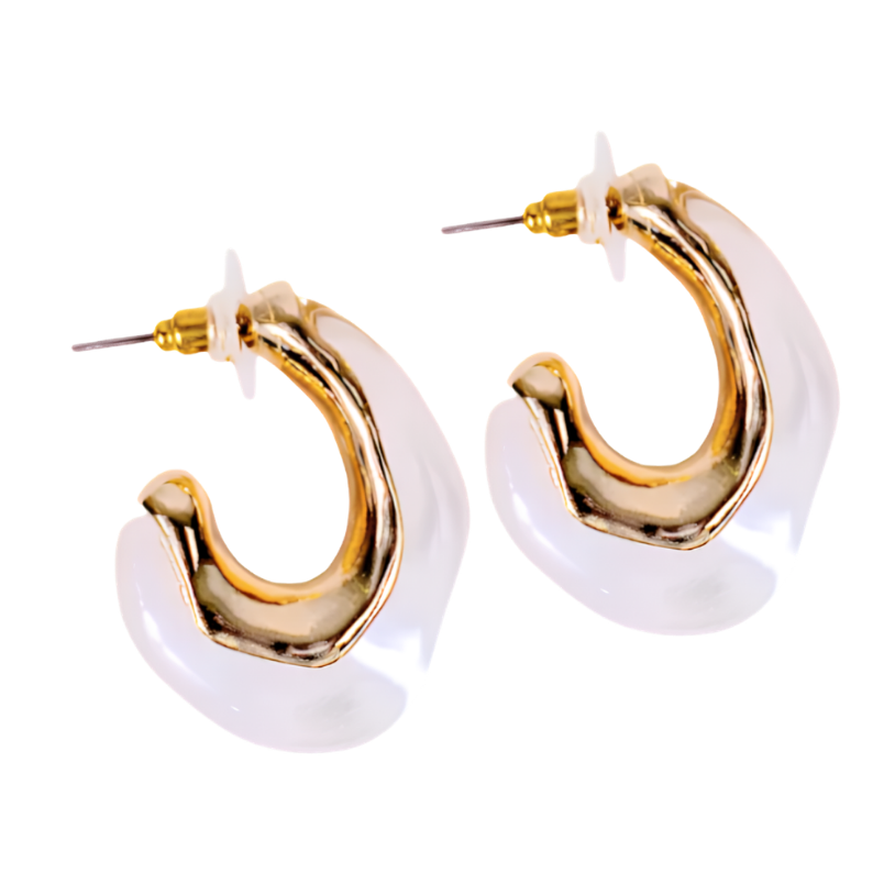 A pair of gold hoop earrings with a white translucent crescent-shaped inlay, shown on a plain white background.