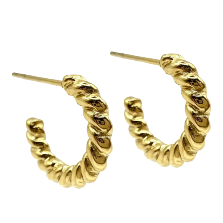 A pair of gold twisted hoop earrings with a textured, rope-like spiral design, shown on a plain white background.