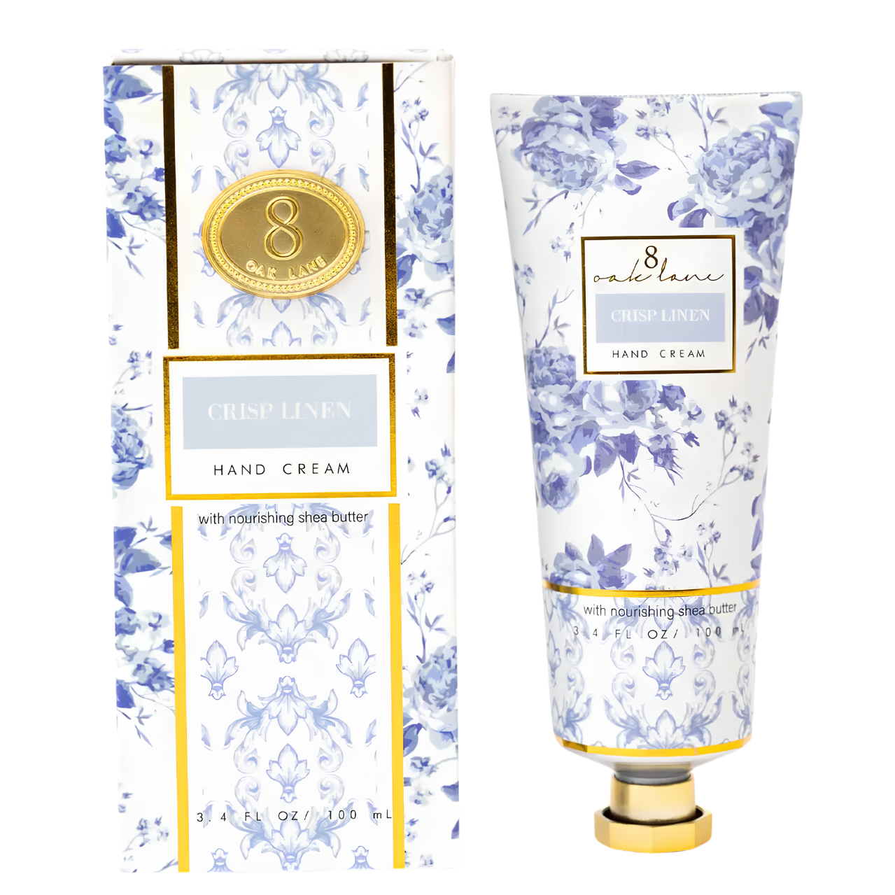 A tube of 8 Crystal Lane Crisp Linen hand cream with a matching floral-patterned box, featuring a blue and white damask design with gold accents.