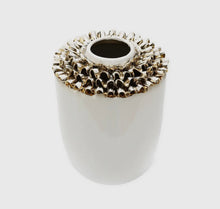 Load image into Gallery viewer, 10”H White Ceramic Vase Gold Design
