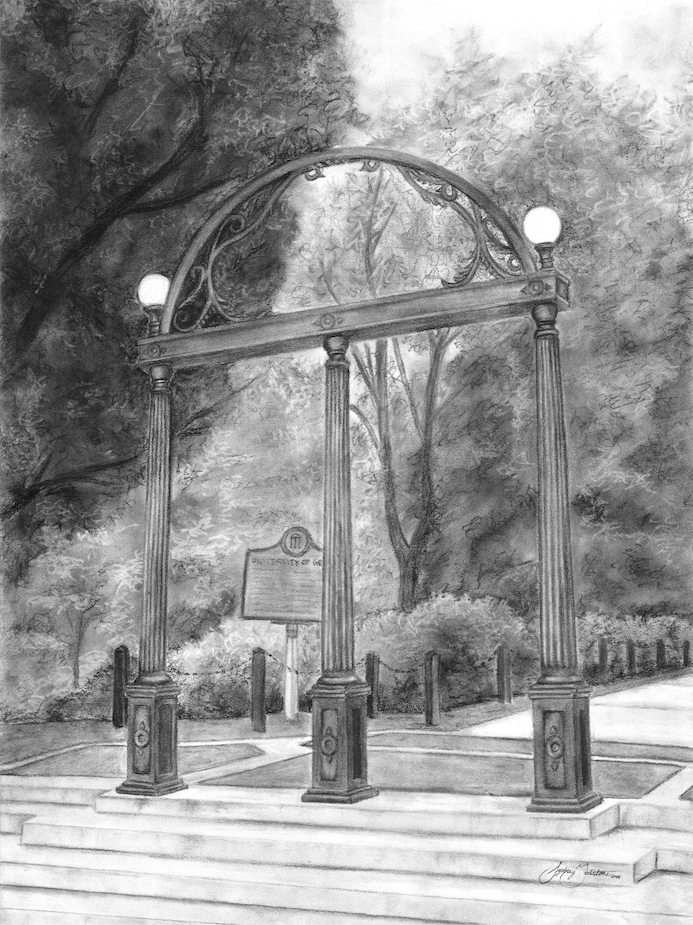 Pencil drawing of The University of Georgia Arches on North Campus.