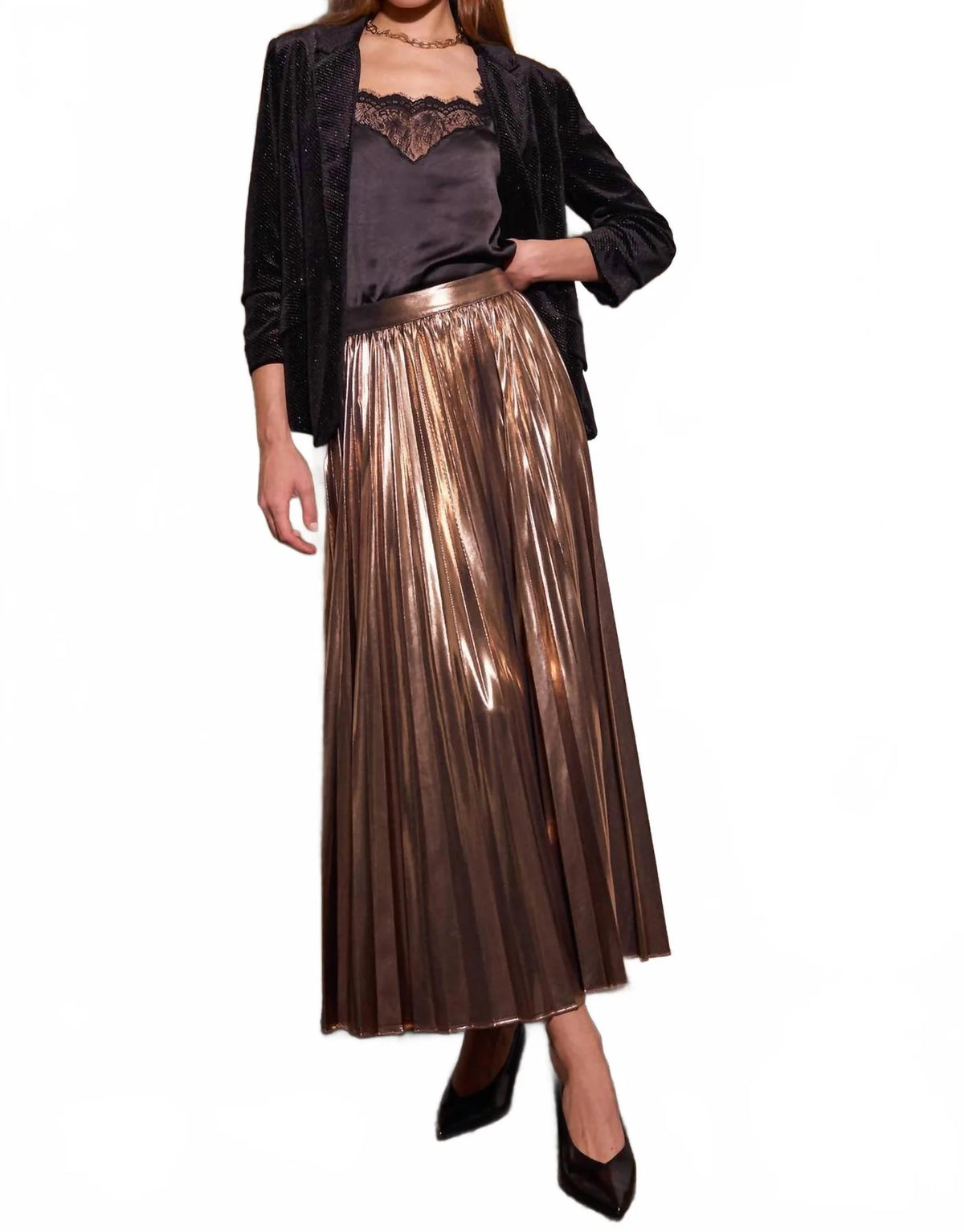 Bronze Lamé Pleated Maxi Skirt