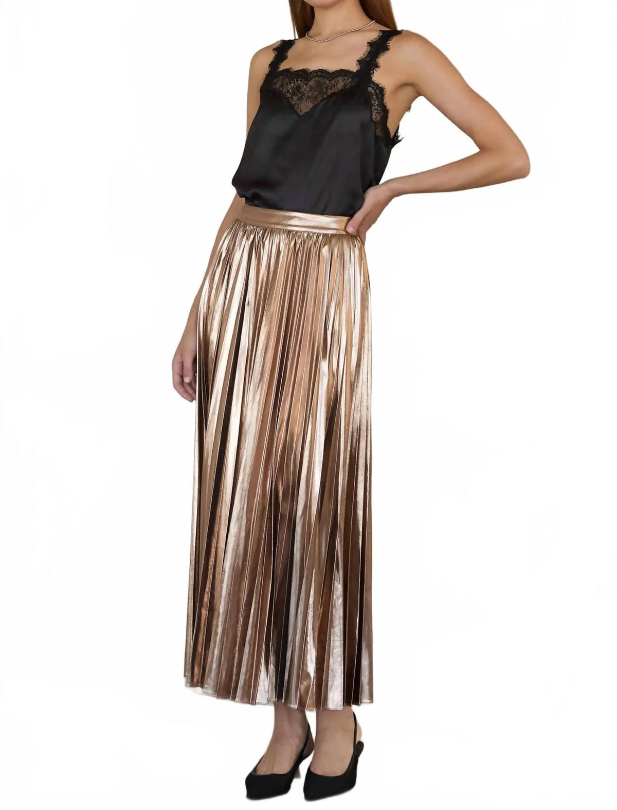Bronze Lamé Pleated Maxi Skirt