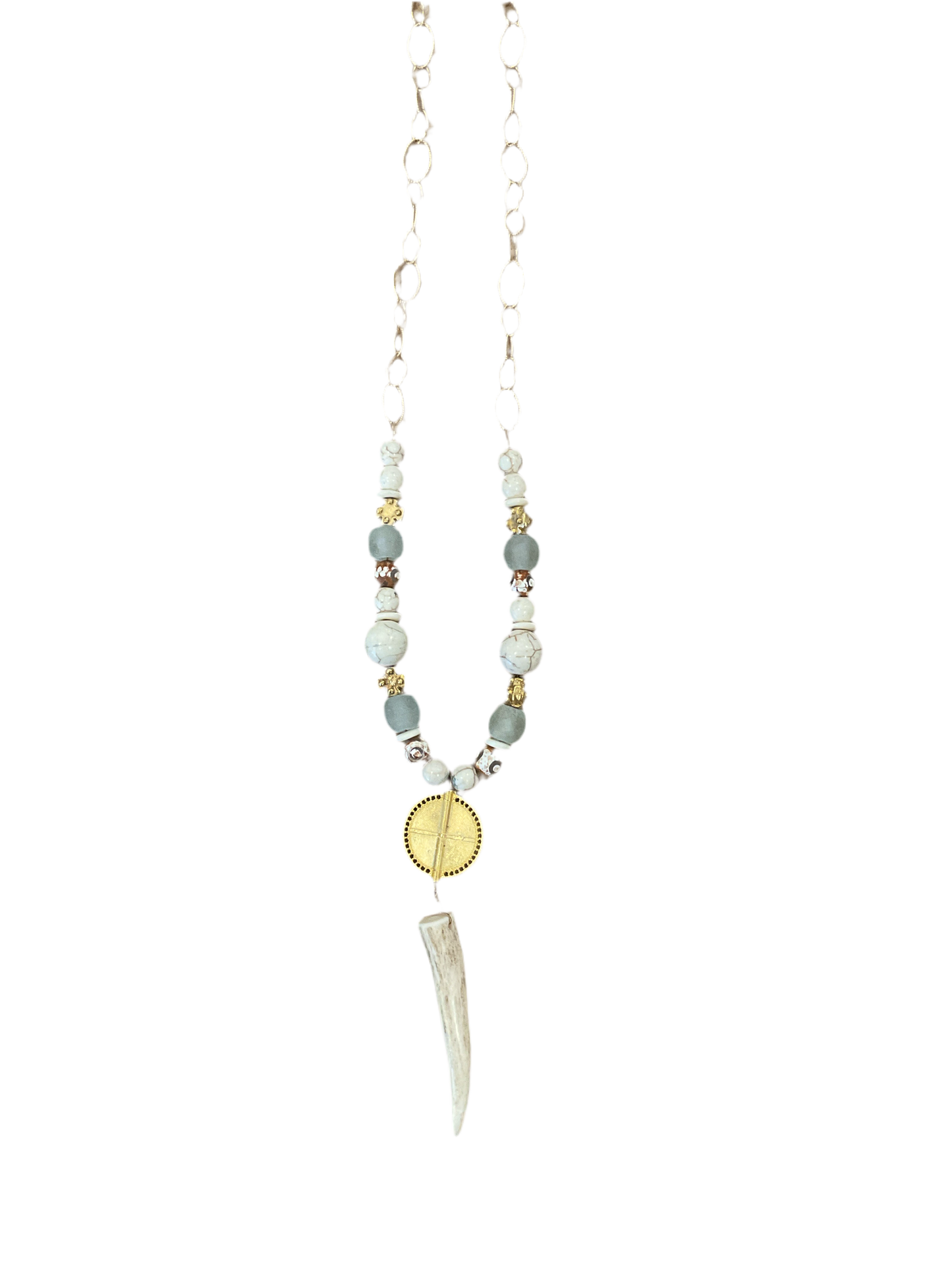 Gold Shield, White Turquoise & Antler Necklace