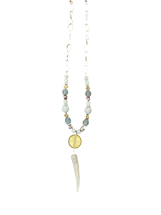 Gold Shield, White Turquoise & Antler Necklace