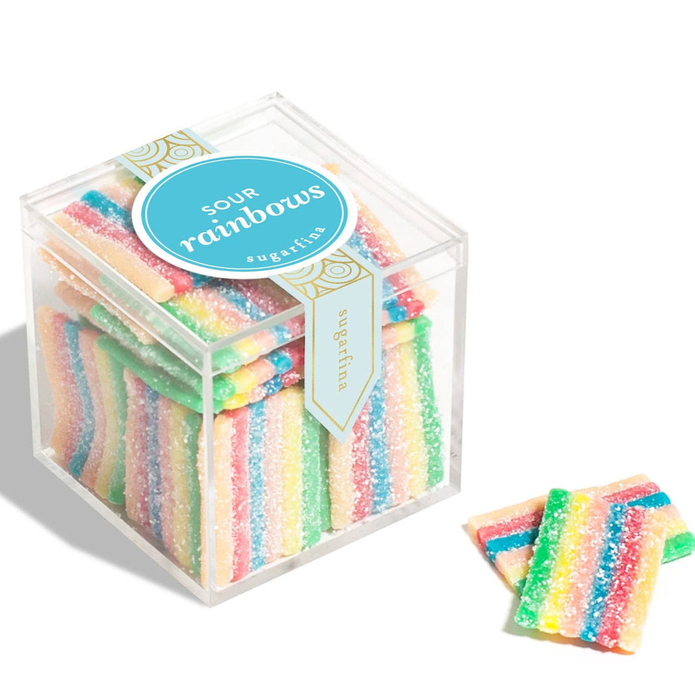 Cube of colorful candy with a 'Sour Rainbows' label on a white background